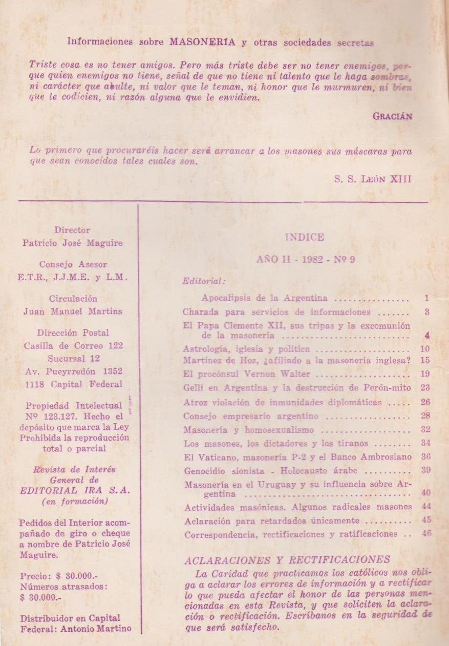 Informaciones sobre Masoneria y otras sociedades secretas, Ano II, 1982, n. 9, Buenos Aires, Argentina