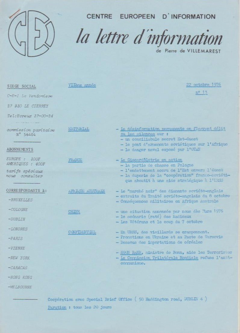 CEI, La lettre d'Information de Pierre de VILLEMAREST - 1976 - 22 octobre - n. 13 e-collecta
