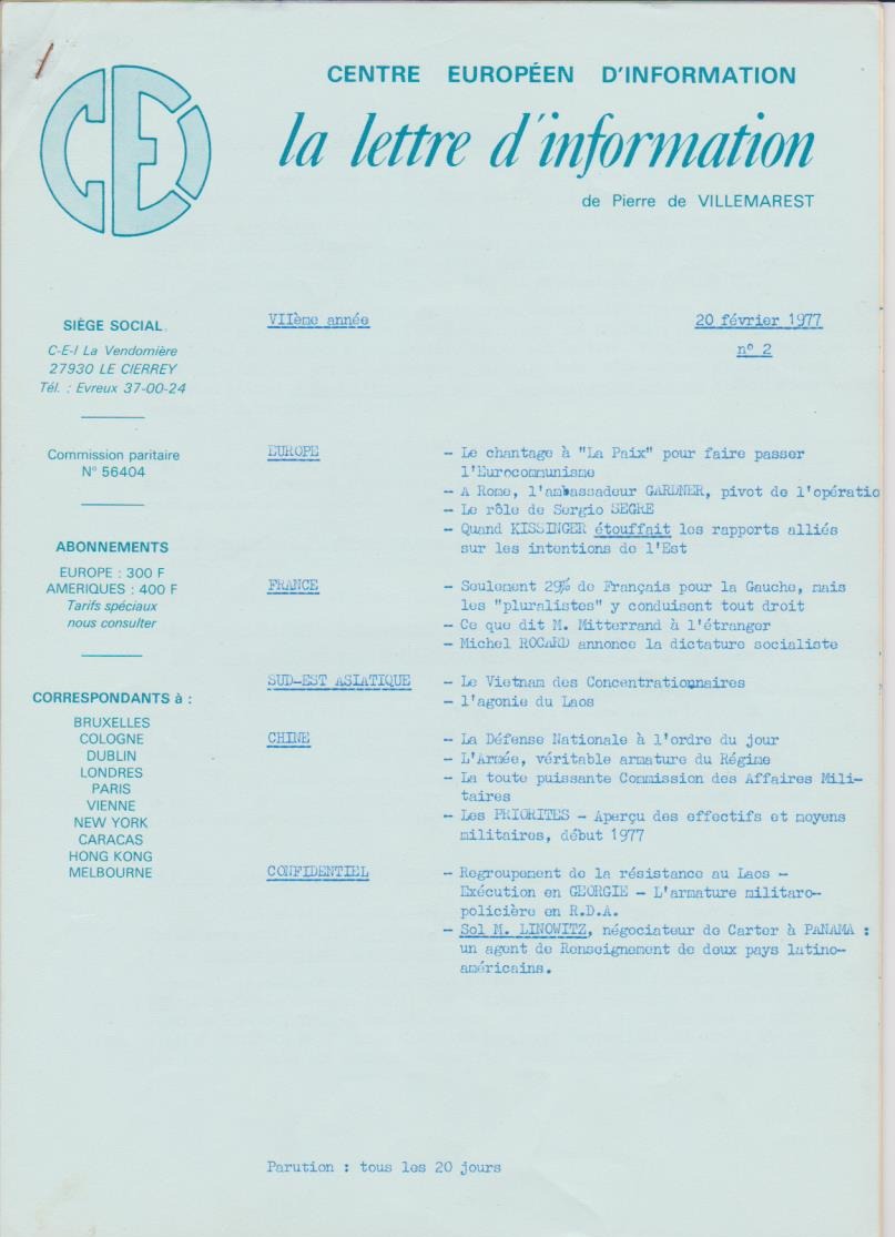 CEI, La lettre d'Information de Pierre de VILLEMAREST - 1977 - 20 fevrier - n. 2 e-collecta