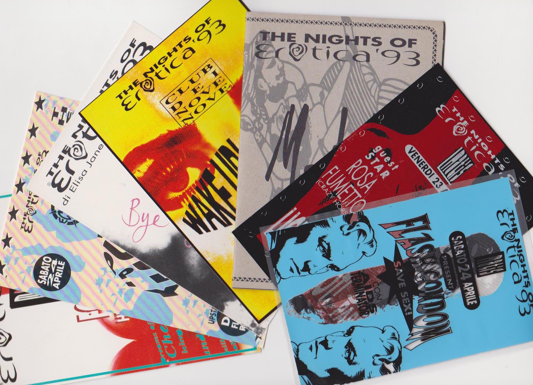 Erotica '93, Bologna Salone dell'Erotismo - Set 7 cartoline invito per discoteca Matis e-collecta